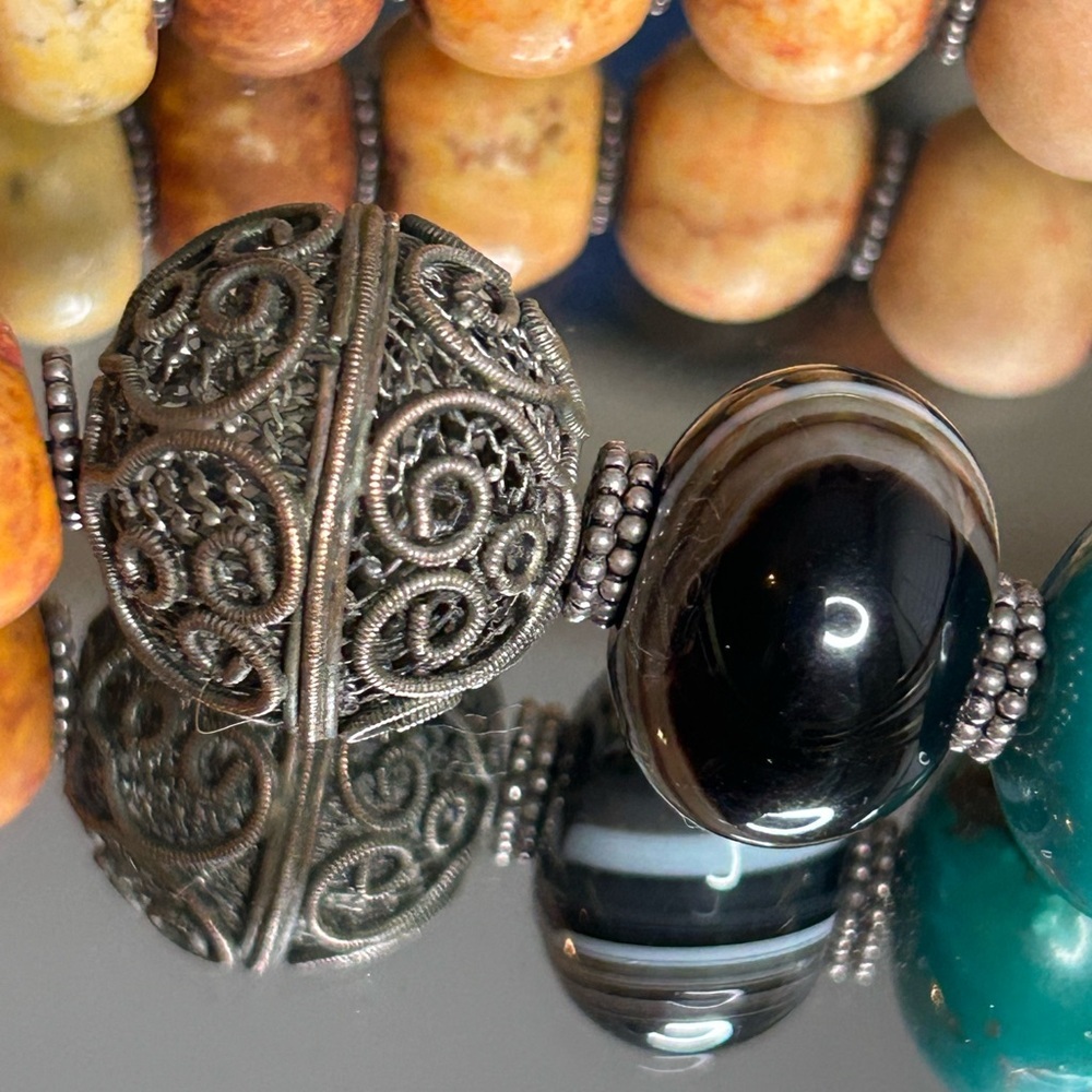 Handmade African beaded tribal choker necklace silver chunky onyx turquoise - Picture 9 of 16